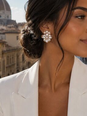 Elegant Gold Floral Crystal Statement Earrings -Bridal